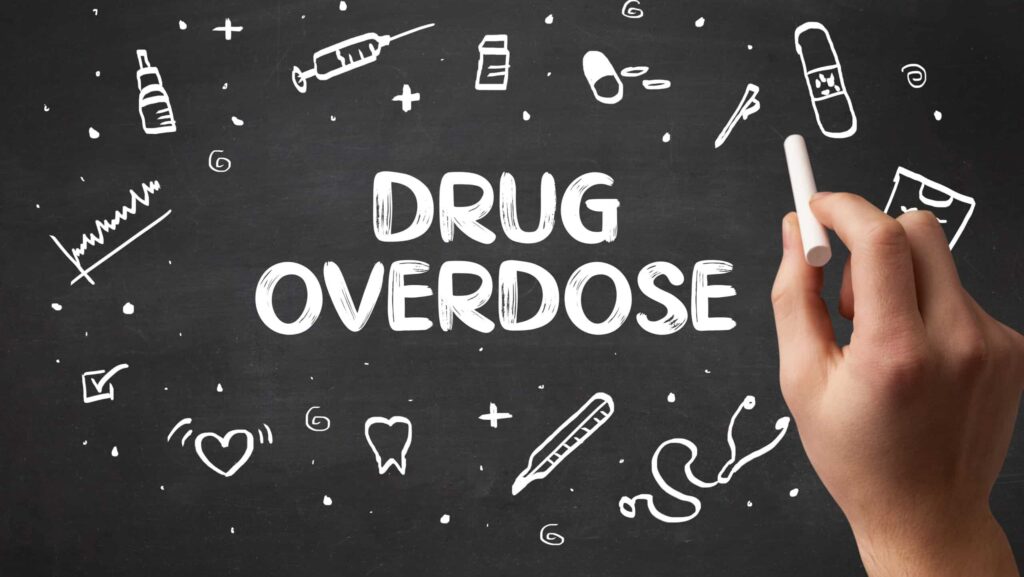 A black background with white text saying the words drug overdose describes the possible effects of cocaine overdose.