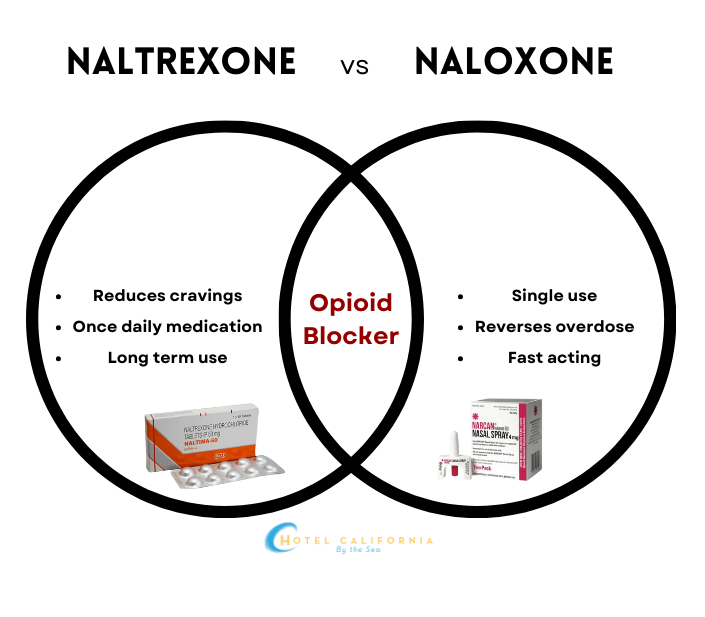 Infograph showing a comparison of similarities and differences between naltrexone and naloxone.