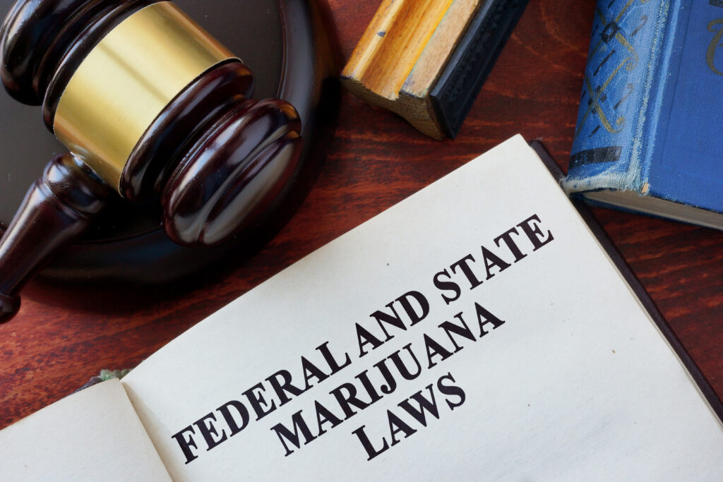 A wooden gravel and an open book with the words Federal and State Marijuana Laws on the first page represent federal scientists recommendation to ease restrictions on marijuana.
