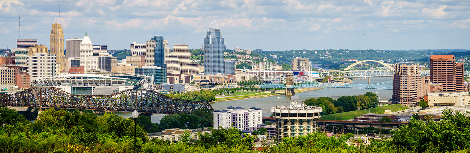 Downtown daylight  Skyline view of Cincinnati with the Ohio River and modern bridges.