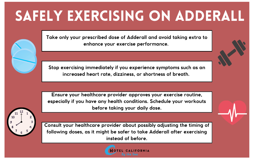 Infograph with tips on how to safely exercise while on Adderall.