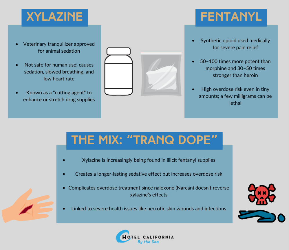 Infograph showing how tranq dope is created with fentanyl and xylazine.