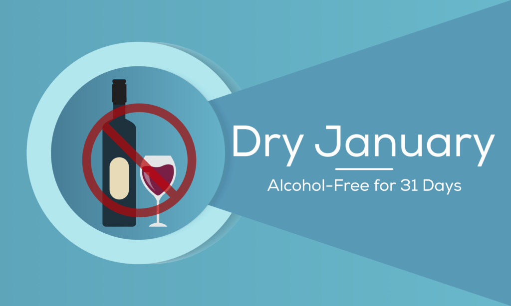 A bottle and glass of wine representing Dry January health benefits being alcohol free for 31 days.